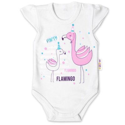 Baby Nellys Bavlnené dojčenské body, kr. rukáv, Flamingo - biele, veľ. 74