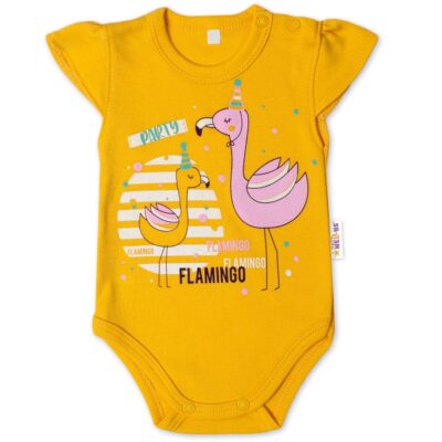 Baby Nellys Bavlnené dojčenské body, kr. rukáv, Flamingo - horčicove, veľ. 62