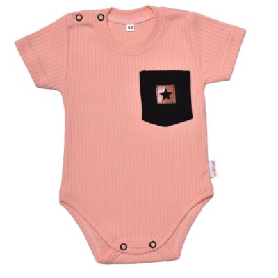 Baby Nellys Bavlnené rebrované body s kapsičkou, kr. rukáv,  Summer Boy, marhuľové, veľ.80