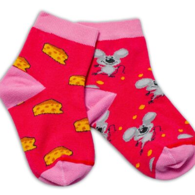 Baby Nellys Bavlnené veselé ponožky Myška a syr - tmavo ružová, veľ. 122/128