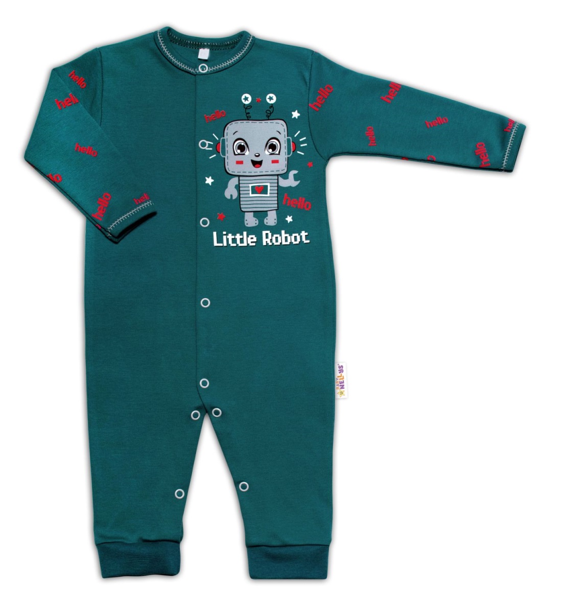 Baby Nellys Bavlnený dojčenský overal bez šľapiek Little Robot, tmavo zelený, veľ. 74