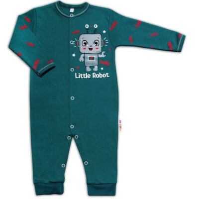 Baby Nellys Bavlnený dojčenský overal bez šľapiek Little Robot, tmavo zelený, veľ. 80