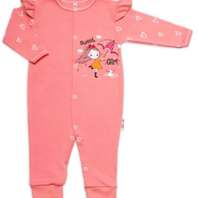 Baby Nellys Bavlnený dojčenský overal bez šľapiek Sweet Girl, losos, marhuľa