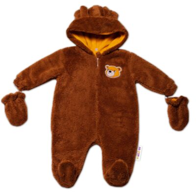 Baby Nellys Chlpáčkový overal Luna s kapucňou + rukavičky, Macko, hnedý, veľ. 68