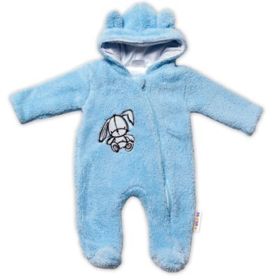 Baby Nellys Chlpáčkový overálek s kapucňou, Cute Bunny - modrý, veľ. 62