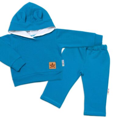 BABY NELLYS Detská tepláková súprava s kapucňou a uškami, petrolejová, veľ. 80