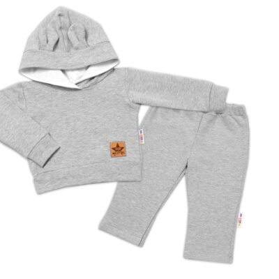 BABY NELLYS Detská tepláková súprava s kapucňou a uškami, sivá