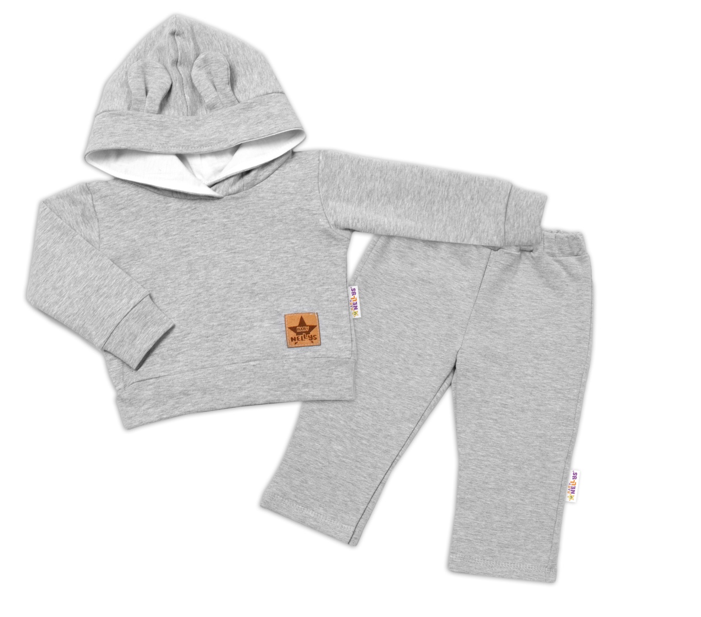 BABY NELLYS Detská tepláková súprava s kapucňou a uškami, sivá