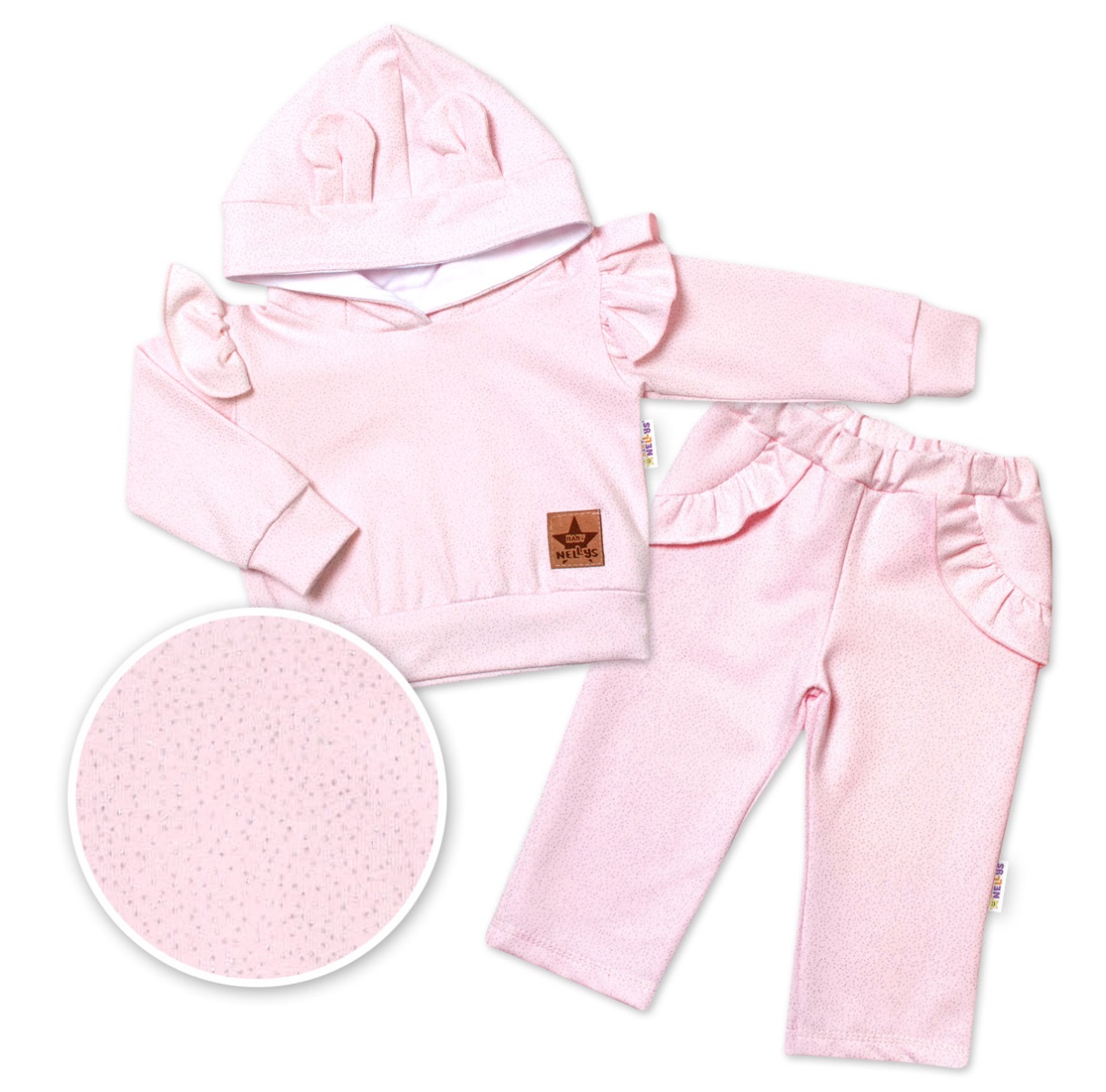 BABY NELLYS Detská tepláková súprava s kapucňou, volániky a uškami - ružová, vel. 80