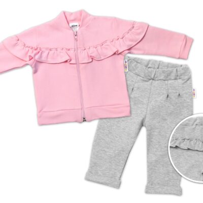 BABY NELLYS Detská tepláková súprava s volánikom SWEET LADY - ružová, šedá