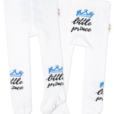 Baby Nellys Detské pančuchy bavlnené, Little Prince - biele s modrou korunkou, veľ. 80/86