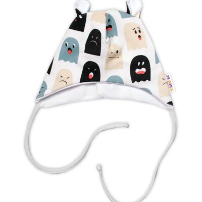 Baby Nellys Dojčenská čiapočka s uškami na zaväzovanie - Príšerky, biela/mätová