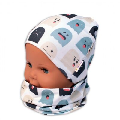 Baby Nellys Dvojvrstvová čiapka + komínček Príšerky, biela/mátová, veľ. 92/98