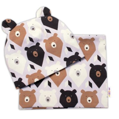 Baby Nellys Dvojvrstvová čiapka s uškami + komínček Medvede, hnedá/smotanová