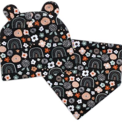 Baby Nellys Dvojvrstvová čiapka s uškami + šatka Palouček, grafit, vel. 80/92