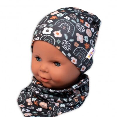 Baby Nellys Dvojvrstvová čiapka + šatka Palouček, grafit, vel. 104/110