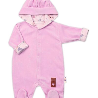 Baby Nellys Dvojvrstvový velúrový overal s kapucňou Bunny, ružový, veľ. 74