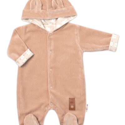 Baby Nellys Dvojvrstvový velúrový overal s kapucňou New Bunny, hnedý, veľ. 86