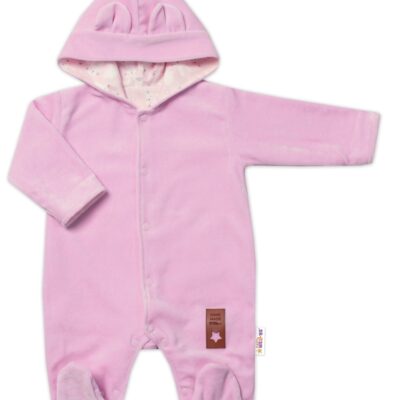 Baby Nellys Dvojvrstvový velúrový overal s kapucňou New Bunny, ružový, veľ. 80