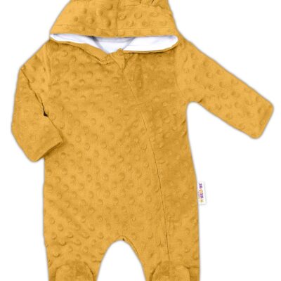 Baby Nellys Kombinézka /overal Minky s kapucňou a uškami - horčica, veľ. 80