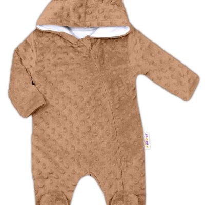 Baby Nellys Kombinézka /overal Minky s kapucňou a uškami - karamel, hnědá, Veľ. 80