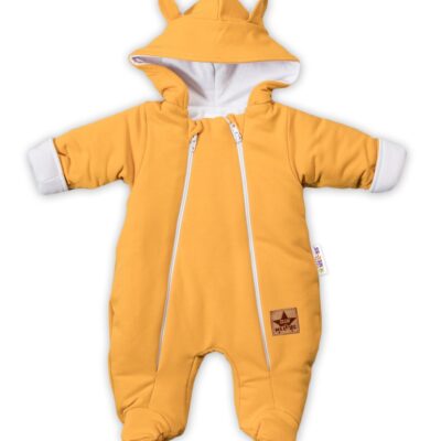 Baby Nellys ® Kombinézka s dvojitým zapínaním, s kapucňou a uškami - horčicová, veľ. 62