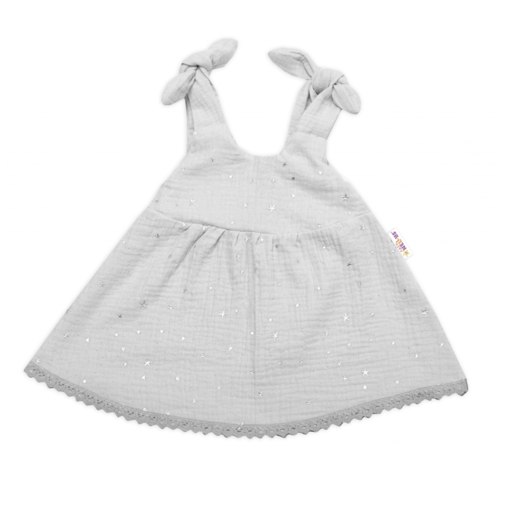Baby Nellys Letné ľahučké mušelínové šaty Summer Stars - sivé