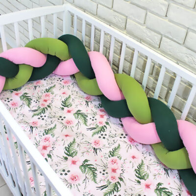 Baby Nellys Mantinel pletený vrkoč s obliečkami Kvetinky, 135x100 - zelená, ružová