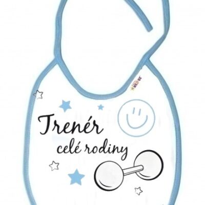 Baby Nellys Nepremokavý podbradník Trenér celé rodiny, 24 x 27 cm - biely s modrým lemom