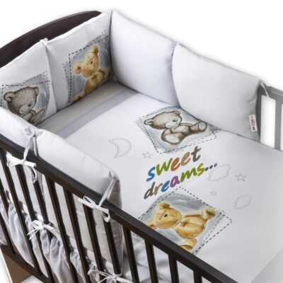 Baby Nellys Obliečky s vankúšikovým mantinelom Sweet Dreams by TEDDY - sivý