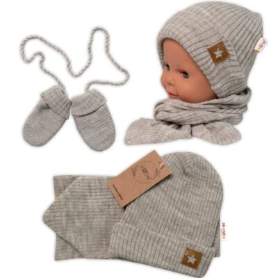 Baby Nellys Pletená čiapka so šálom a rukavičky 3v1, STAR - béžová, veľ. 56/62
