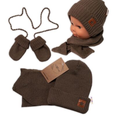 Baby Nellys Pletená čiapka so šálom a rukavičky 3v1, STAR - hnědá