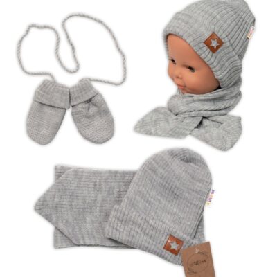 Baby Nellys Pletená čiapka so šálom a rukavičky 3v1, STAR - šedá