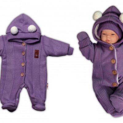 Baby Nellys Pletená kombinéza/overal LUX STAR s kožúškom - dvojvrstvová, slivková, veľ. 68