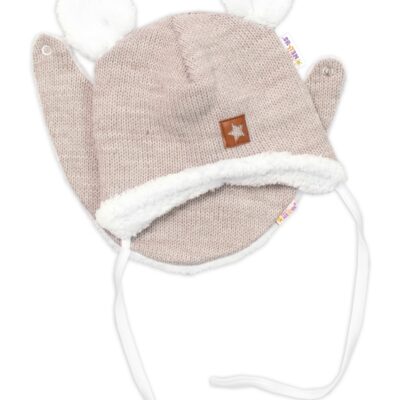 Baby Nellys Pletená zimná čiapka s kožúškom a šatkou Star, béžová,veľ. 80/86