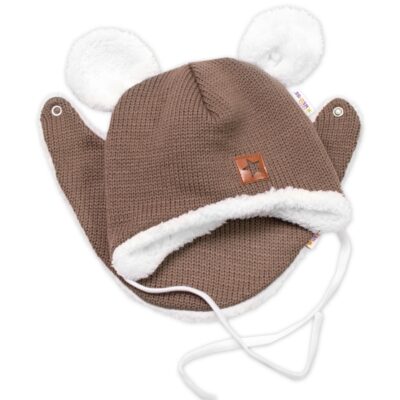 Baby Nellys Pletená zimná čiapka s kožúškom a šatkou Star, hnedá, veľ. 80/86