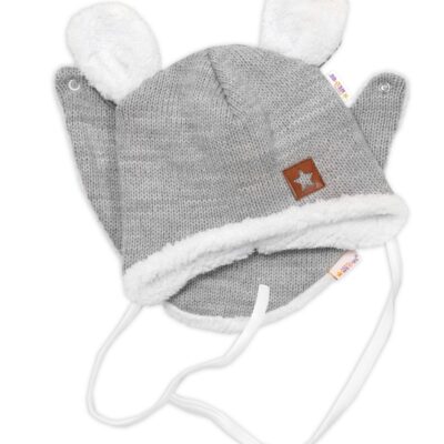 Baby Nellys Pletená zimná čiapka s kožúškom a šatkou Star, sivá, veľ. 68/74