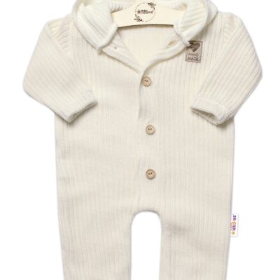 Baby Nellys Pletený overálok s kapucňou a gombíkmi Hand Made, ecru, veľ. 80/86
