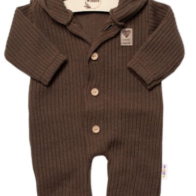 Baby Nellys Pletený overálok s kapucňou a gombíkmi Hand Made, hnedý