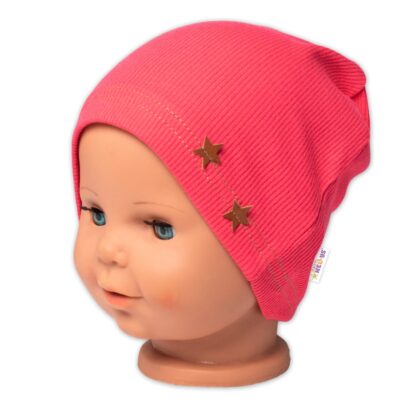 Baby Nellys Rebrovaná čiapka Hviezdičky - koralová, veľ. 92/98