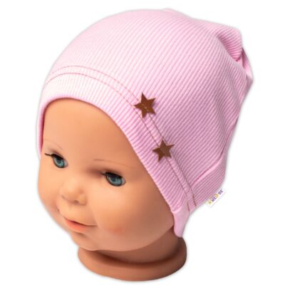 Baby Nellys Rebrovaná čiapka Hviezdičky - ružová, veľ. 80/86