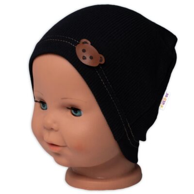Baby Nellys Rebrovaná čiapka Macko - čierna, veľ. 92/98