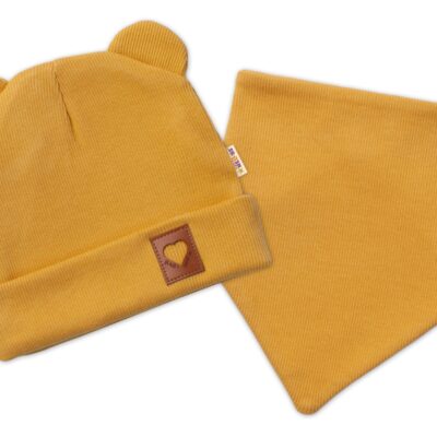 Baby Nellys Rebrovaná dvojvrstvová čiapka s uškami + šatka TEDDY - horčicová, 80/86