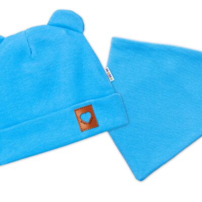 Baby Nellys Rebrovaná dvojvrstvová čiapka s uškami + šatka TEDDY - modrá, 80/86