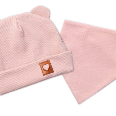 Baby Nellys Rebrovaná dvojvrstvová čiapka s uškami + šatka TEDDY - púdrová, 80/86