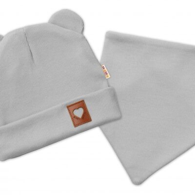 Baby Nellys Rebrovaná dvojvrstvová čiapka s uškami + šatka TEDDY - sivá, 80/86