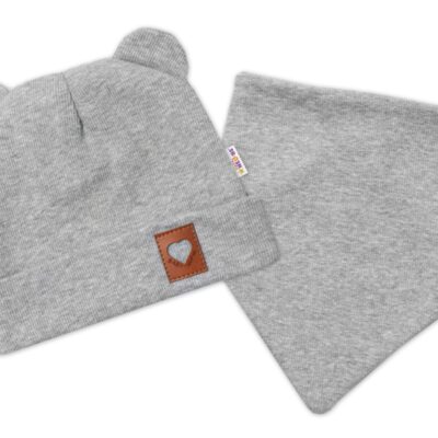 Baby Nellys Rebrovaná dvojvrstvová čiapka s uškami + šatka TEDDY - sivý melír