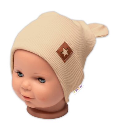 Baby Nellys Rebrovaná dvojvrstvová čiapka s uškami TEDDY - béžová