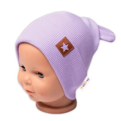 Baby Nellys Rebrovaná dvojvrstvová čiapka s uškami TEDDY - lila