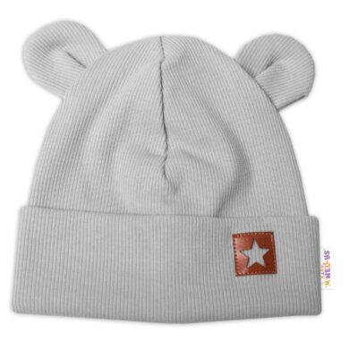 Baby Nellys Rebrovaná dvojvrstvová čiapka s uškami TEDDY - sivá